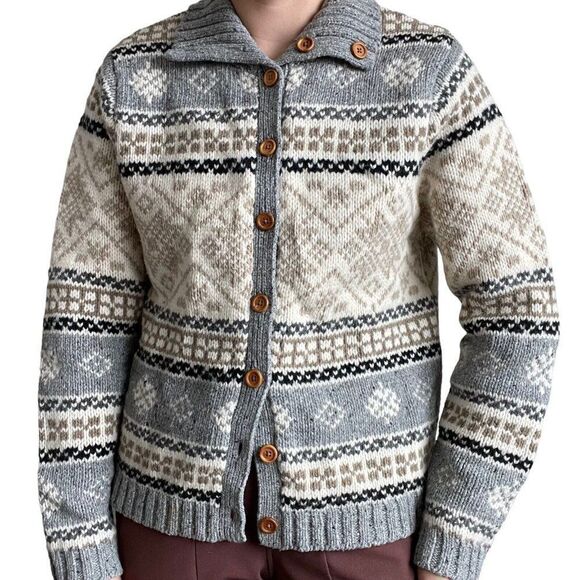 Vintage 90s Womens Eddie Bauer Fair Isle Nordic Lambswool Hippy Cardigan Sz M - Picture 1 of 8